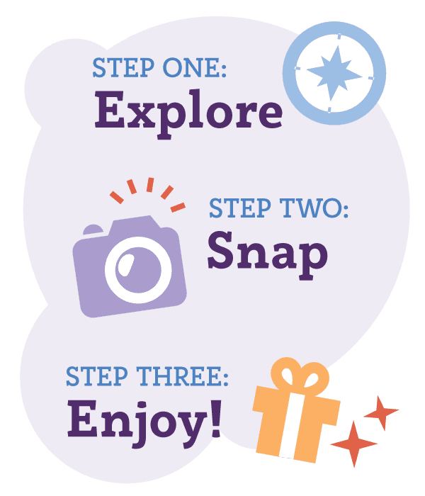 A graphic reading, "Step one: Explore" (compass icon) "Step two: Snap" (camera icon) "Step three: Enjoy!" (present icon) over a purple background