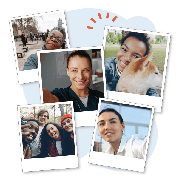 A collage of several polaroid-style images overlapping, showing a variety of people taking selfies and smiling into the camera.